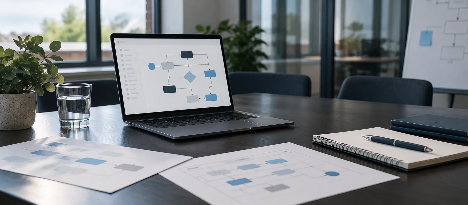 Werktafel met een procesdiagram in de bestaande software en op papier